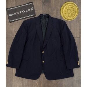 David Taylor Navy Sport Coat Gold Buttons Size 52R Preppy Navy Blazer Wool Blend